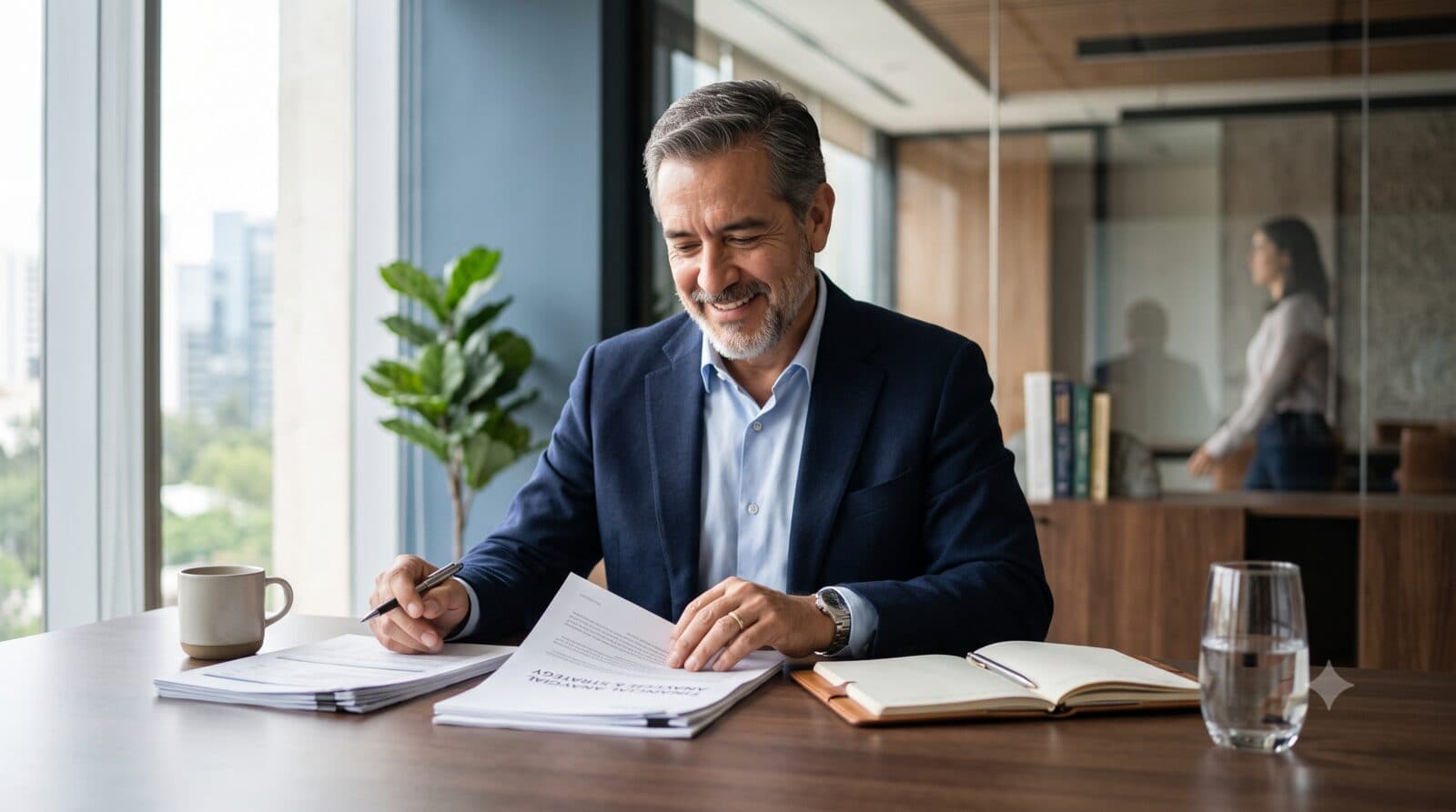 Consultor revisando estrategia financiera y documentación de pensión
